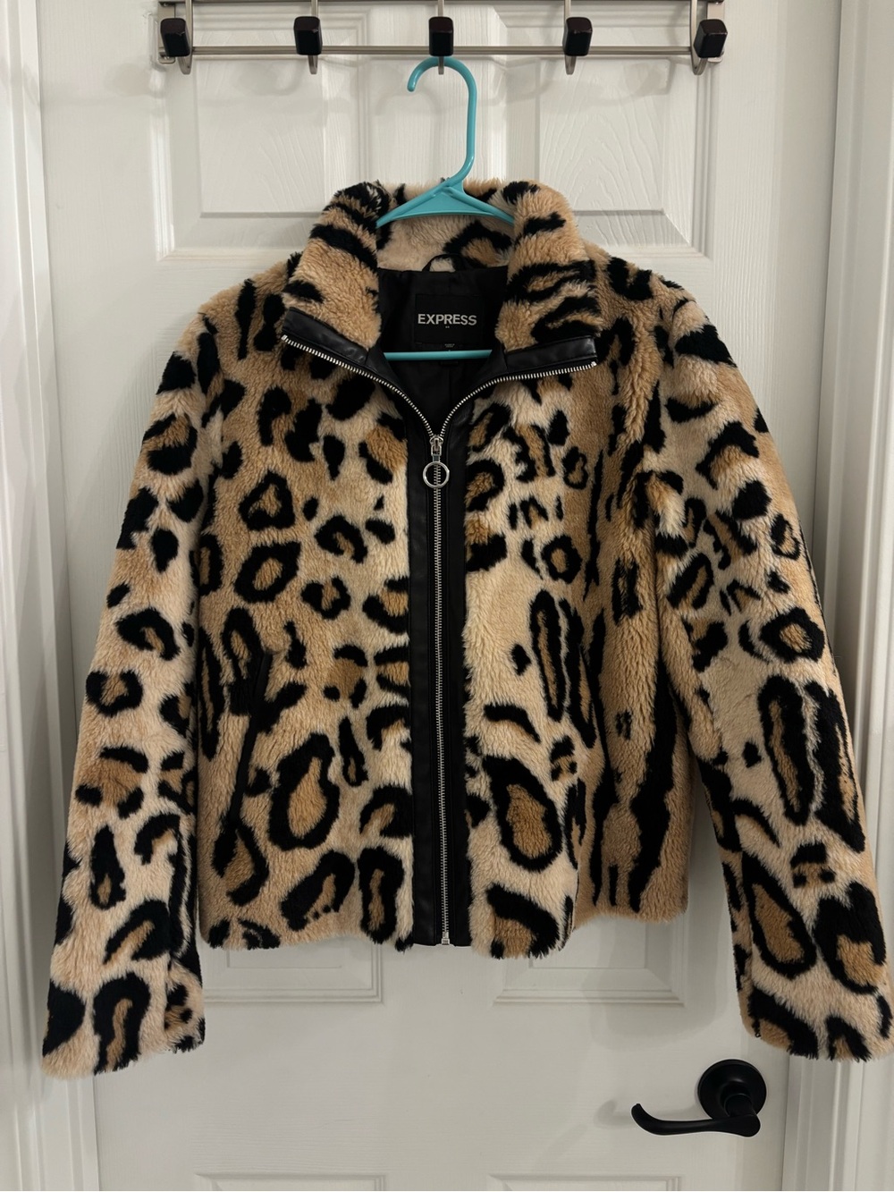 Express Leopard Faux Fur Jacket in Tan and Black
